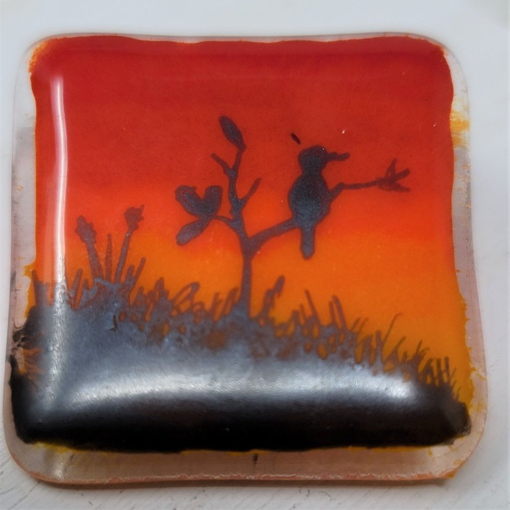 Interesting Glass Pin Brooch Bird sitting on Tree